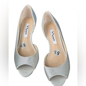 Nina Silver Sparkle Peep-Toe Heels